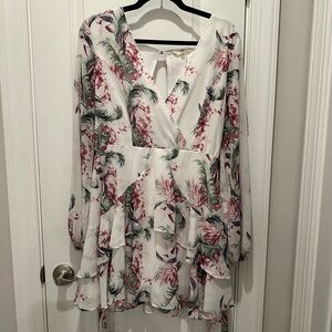 White Floral Long-Sleeve V Neck Mini Dress